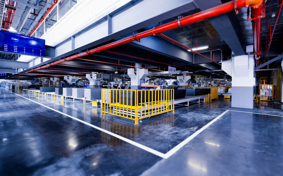 Large industrial building with a yellow security gate